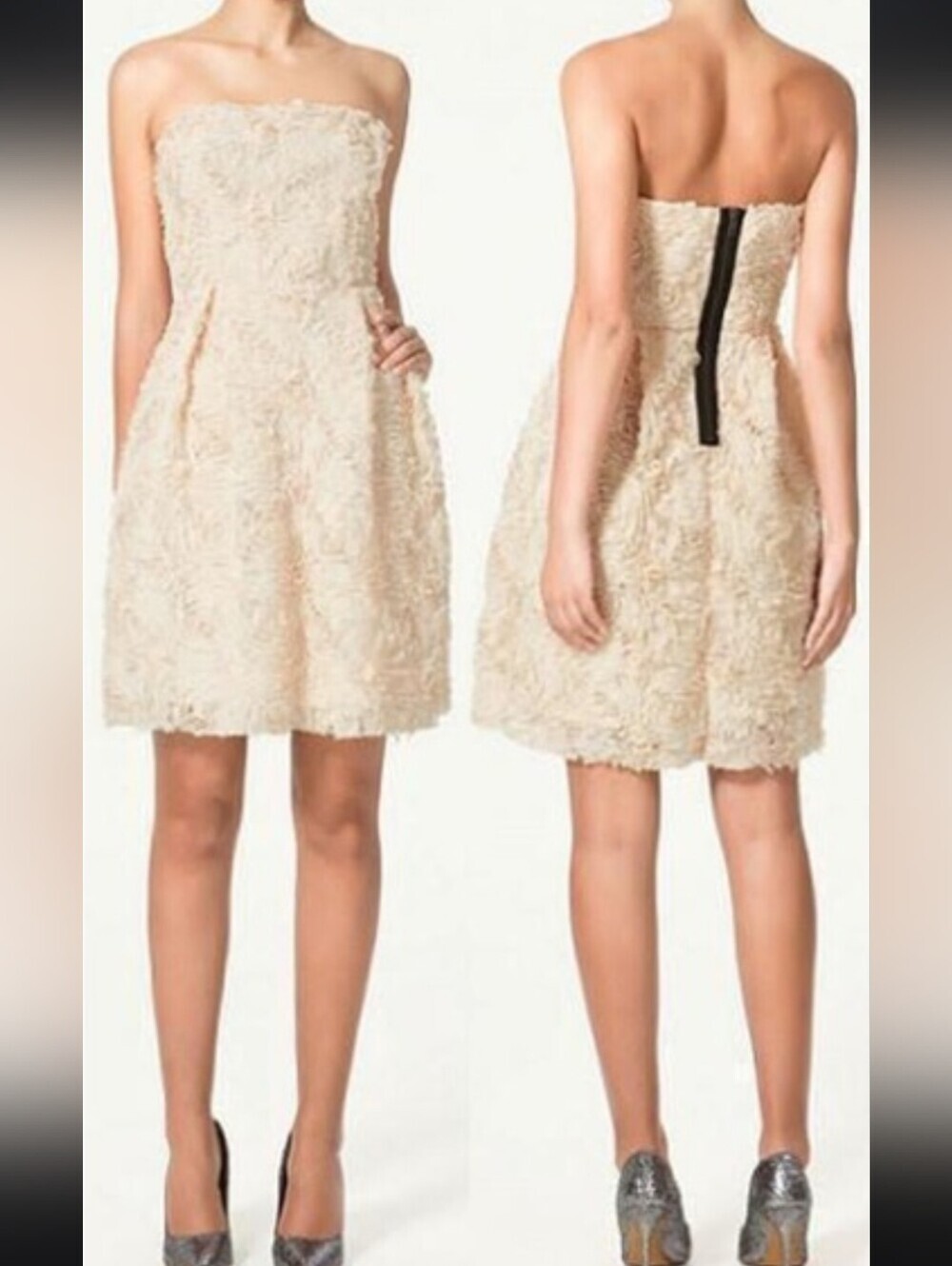 Zara Strapless Cream Lace A-Line Dress with Black Back Zip